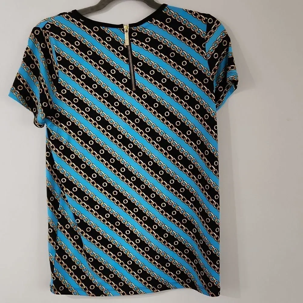 Michael Kors Size Xs Top Short Sleeve Blouse Zipper Back Chain Link Print